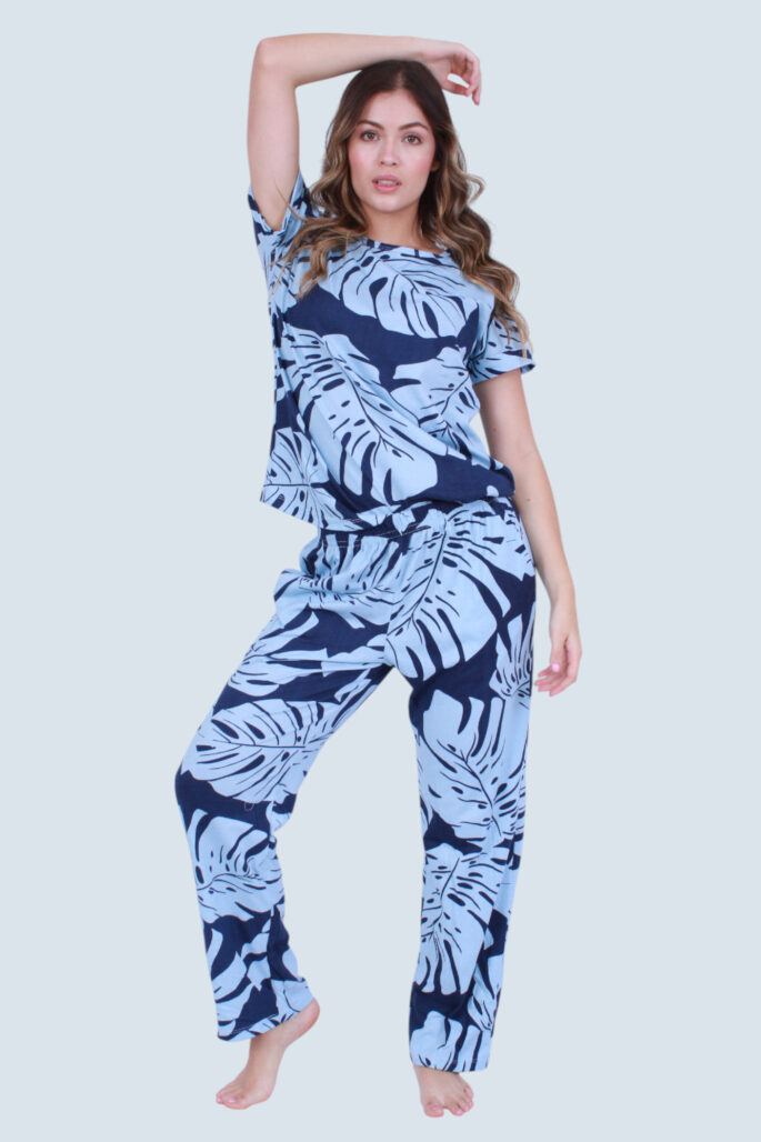 Pijama Hojas Azul 100% Algodón