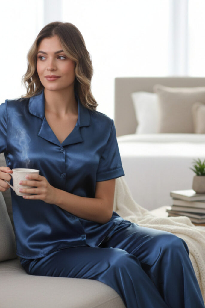 Pijama en Satín Camisiera azul