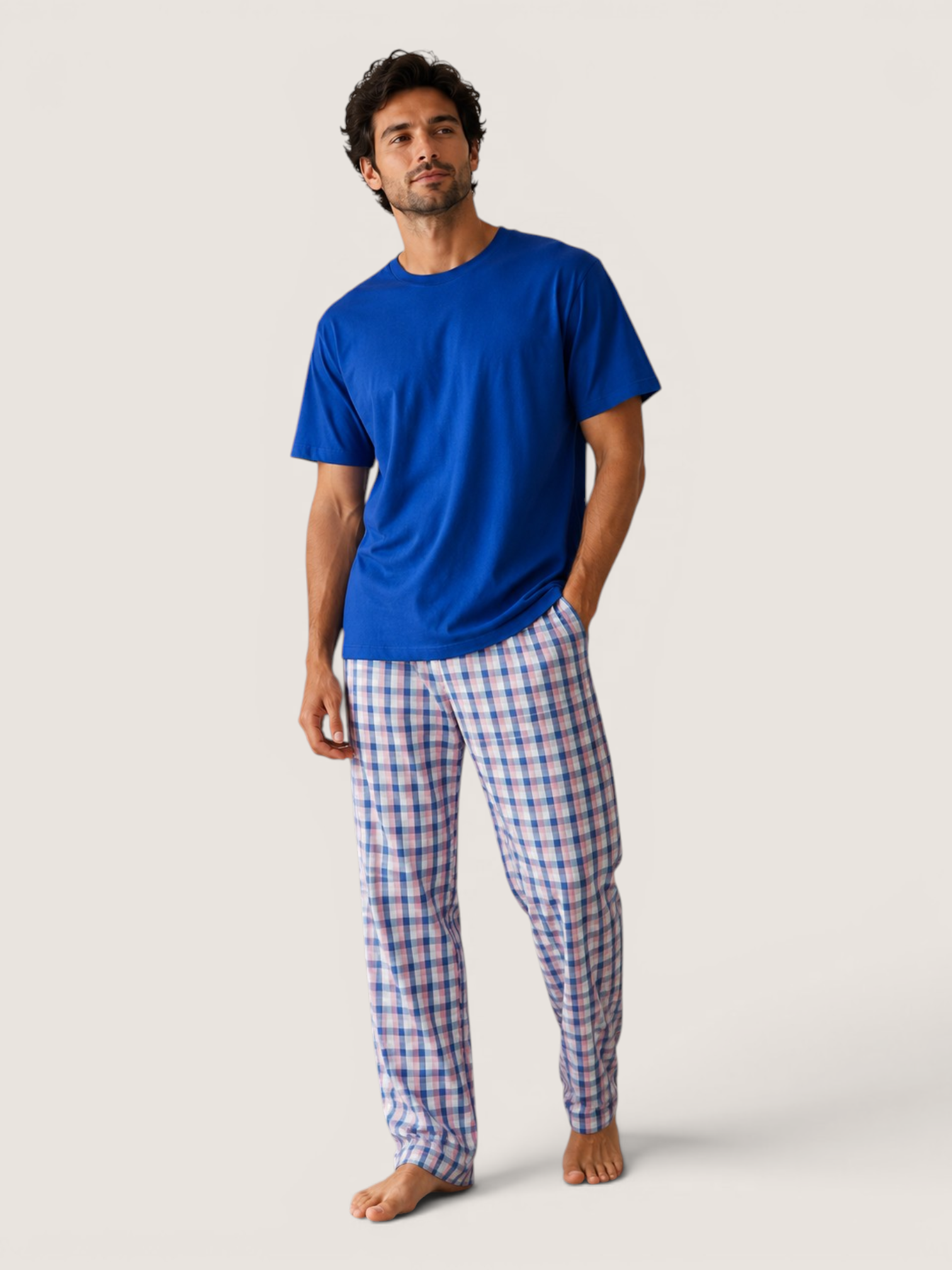 Pijama Hombre Camiseta Algodón Azul con Pantalón a Cuadros - Image 2