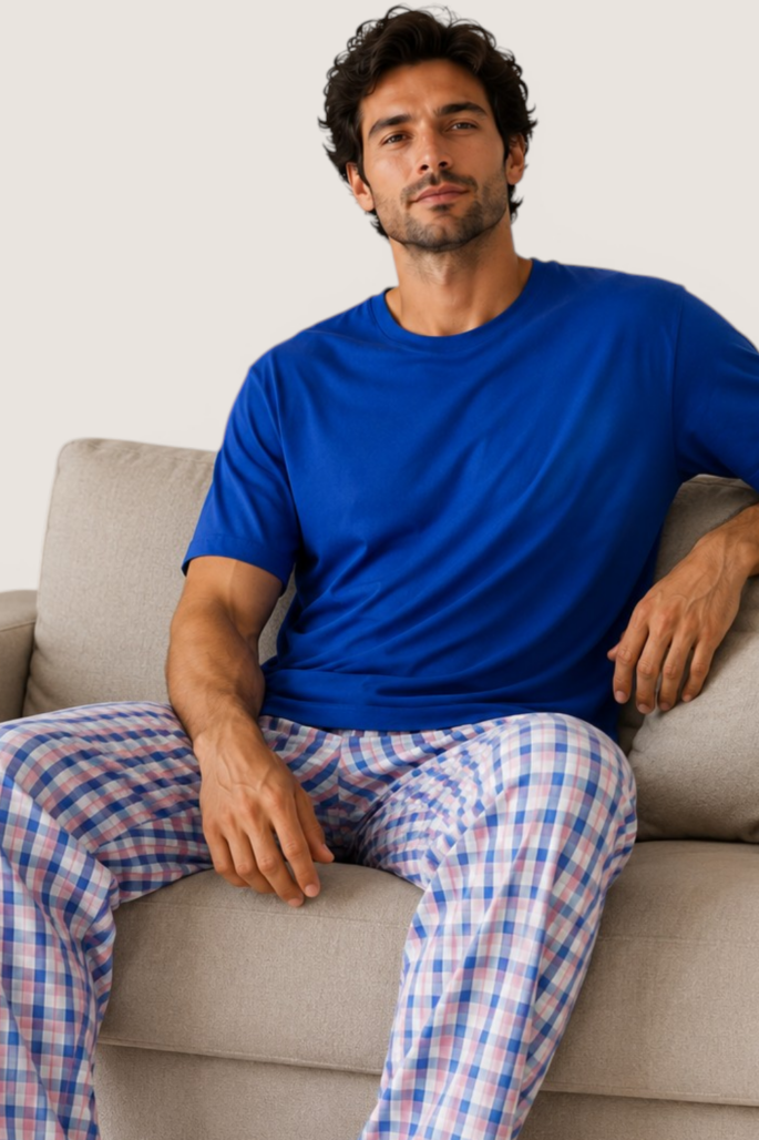 Pijama Hombre Camiseta Algodón Azul con Pantalón a Cuadros