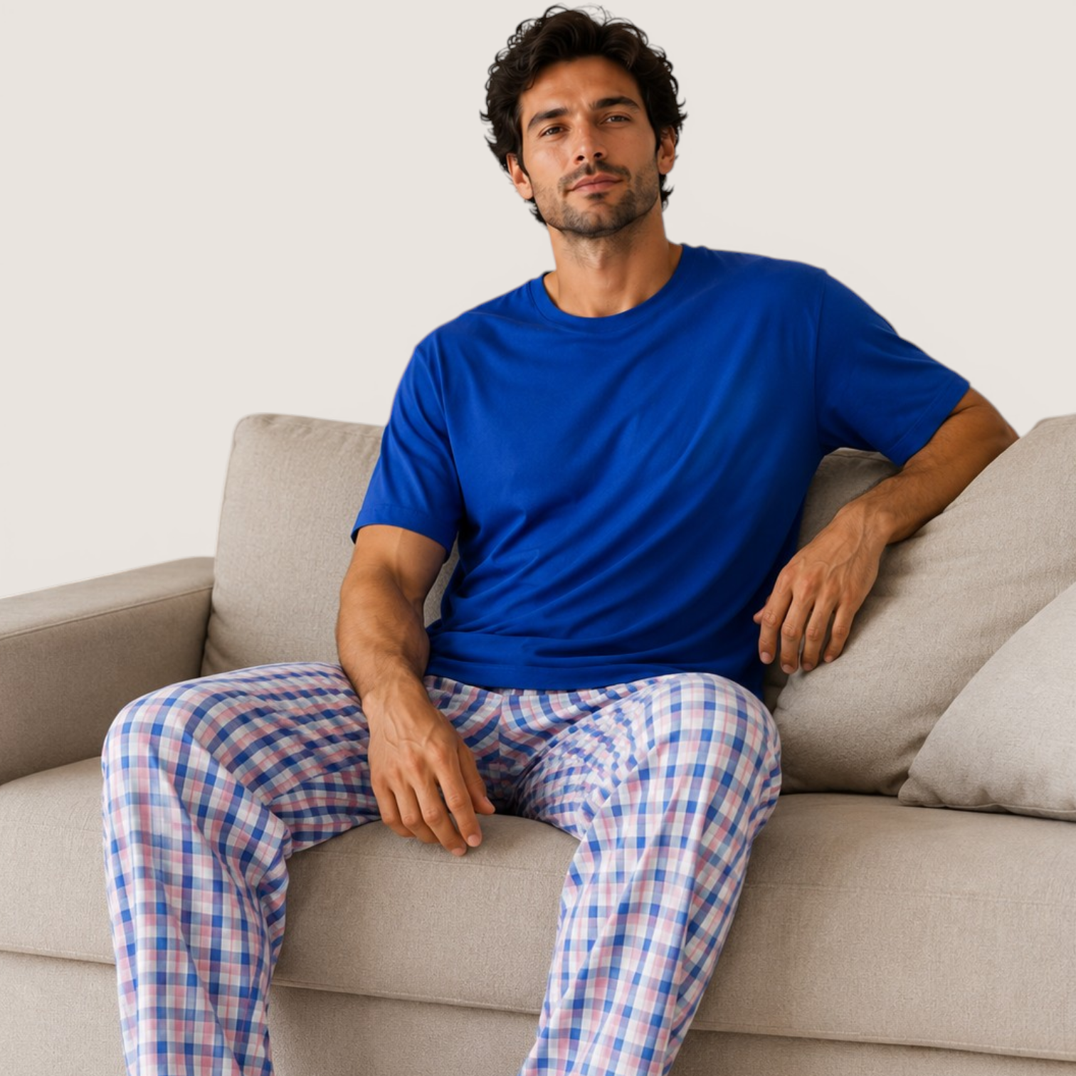 Pijama Hombre Camiseta Algodón Azul con Pantalón a Cuadros
