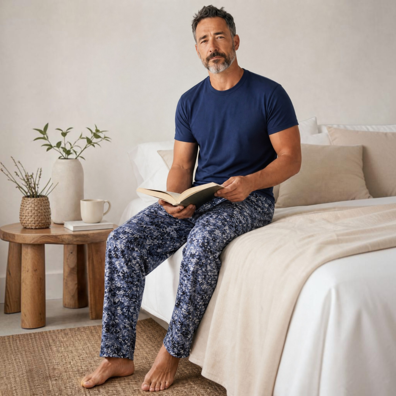 Pijama Hombre Pantalón largo estampado camuflado en tonos azules.