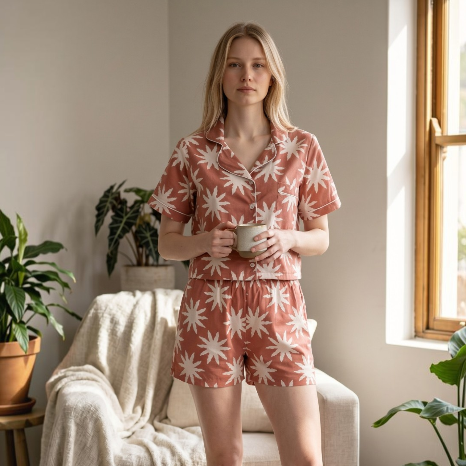 Pijama Femenina Sol de Terracota – Short y Camisa
