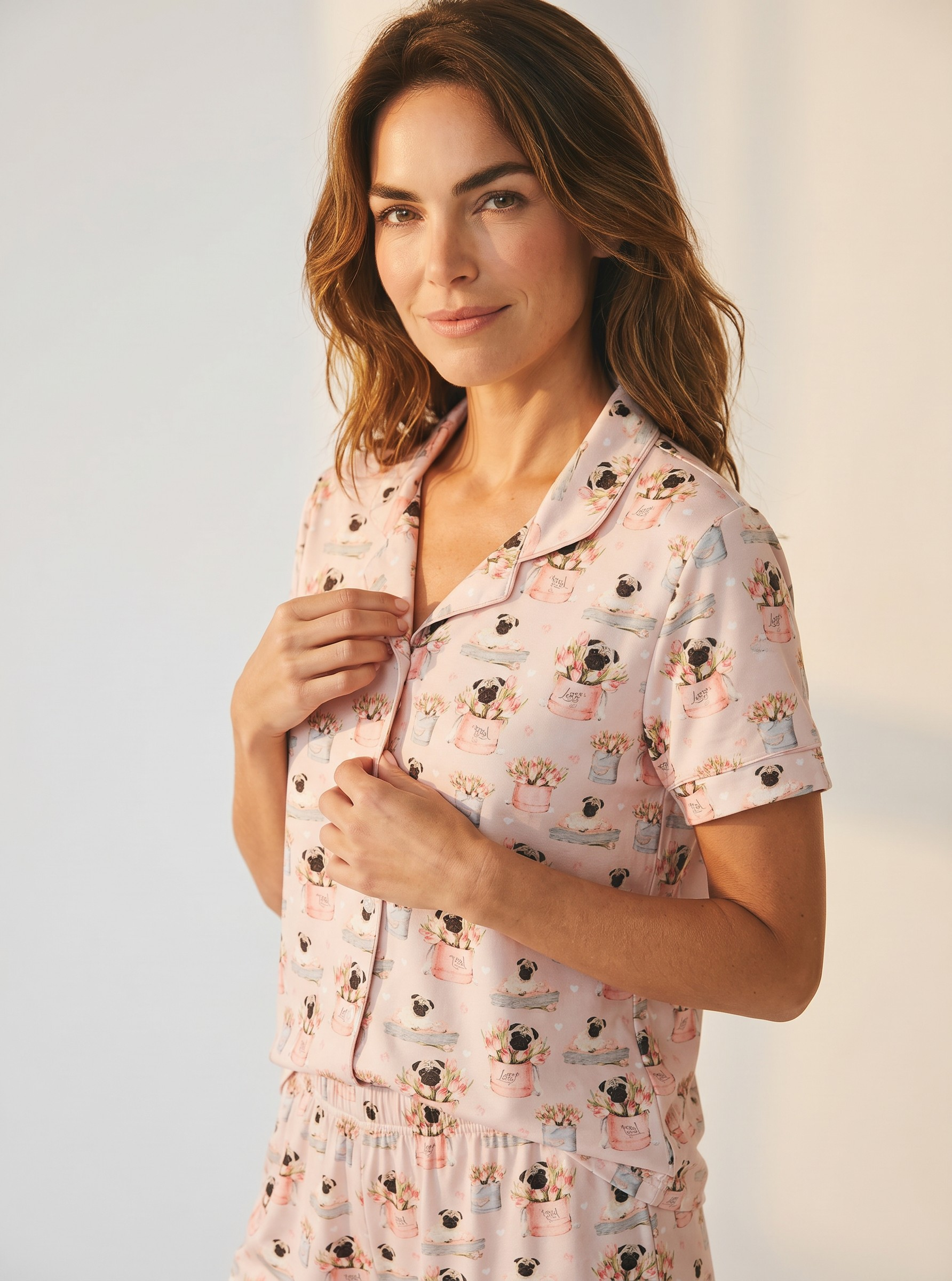 Pijama Femenina Pugs & Flores Rosadas – Short y Camisa - Image 4