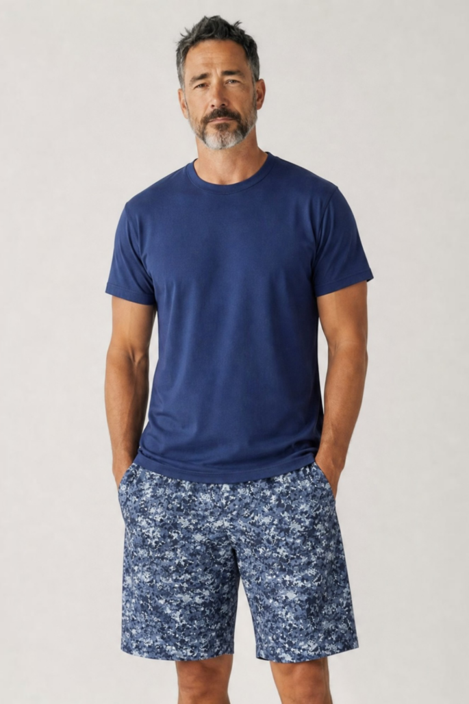 Pijama Hombre Corto largo estampado camuflado en tonos azules.