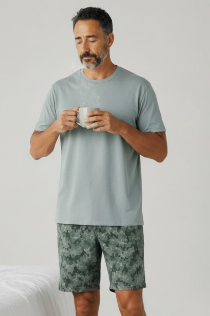 Pijama Hombre Pantalón Corto estampado camuflado en tonos Verdes