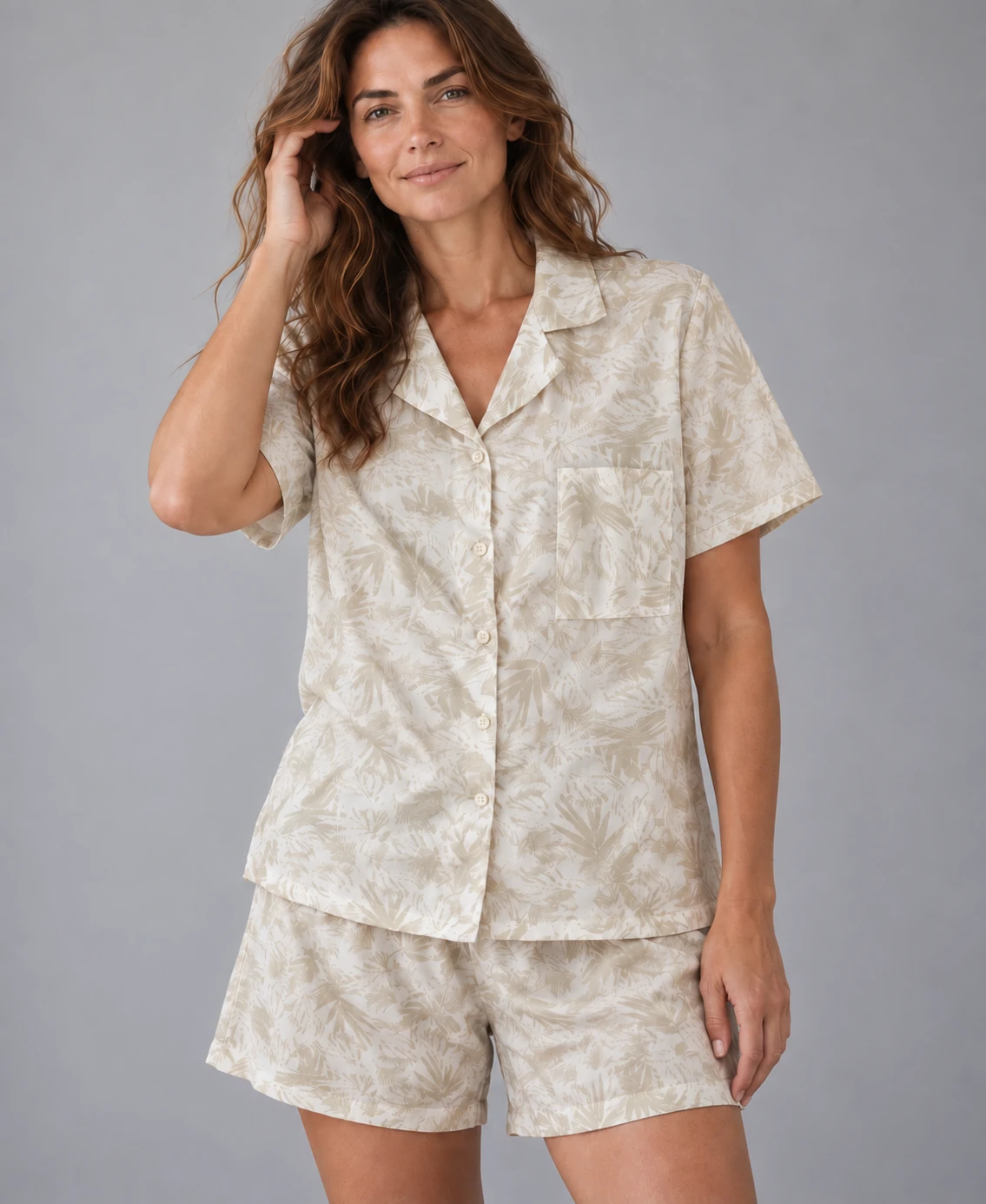 Pijama Corta en Algodón con Estampado de Hojas Champaña - Image 2