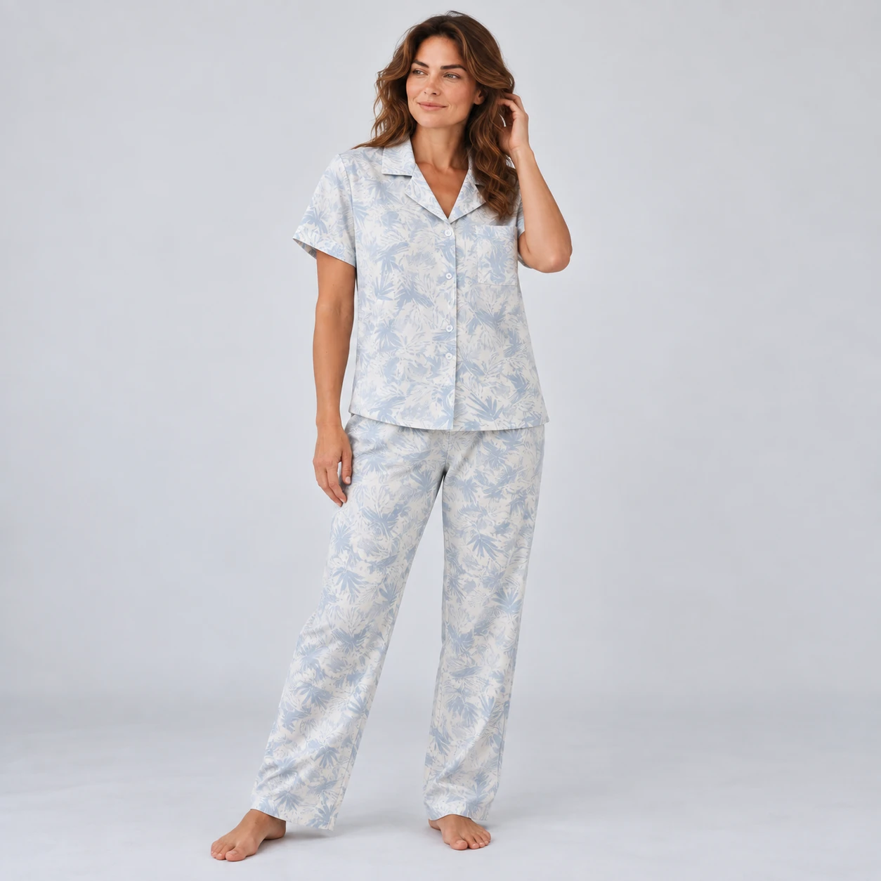 Pijama Pantalón en 100% Algodón con Estampado de Hojas Azules