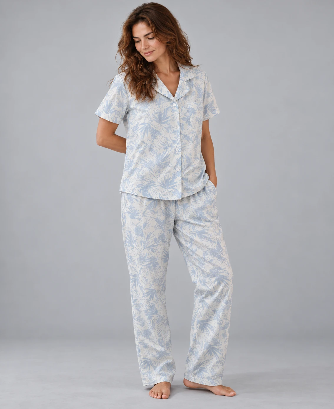 Pijama Pantalón en 100% Algodón con Estampado de Hojas Azules - Image 6
