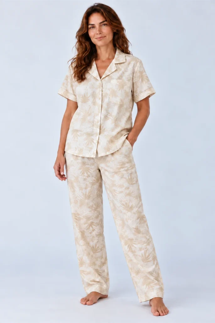 Pijama Pantalón en 100% Algodón con Estampado de Hojas Champaña