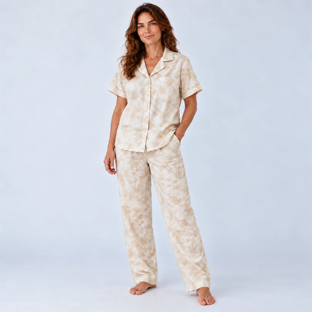 Pijama Pantalón en 100% Algodón con Estampado de Hojas Champaña