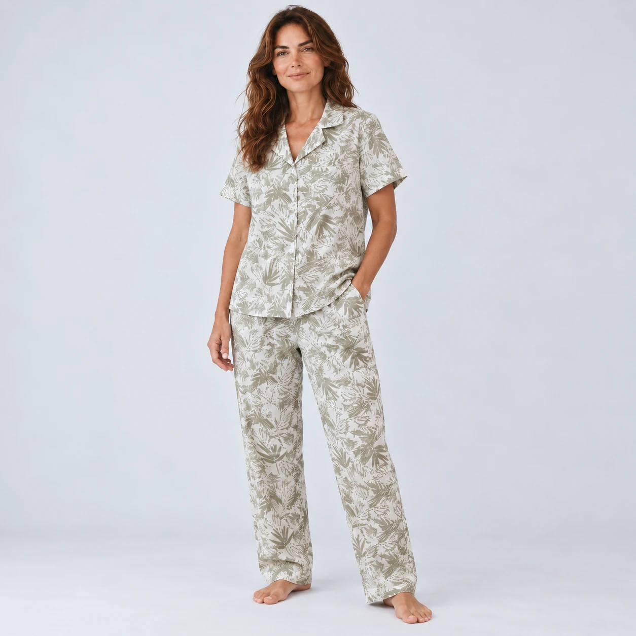 Pijama Pantalón en 100% Algodón con Estampado de Hojas Verde Oliva