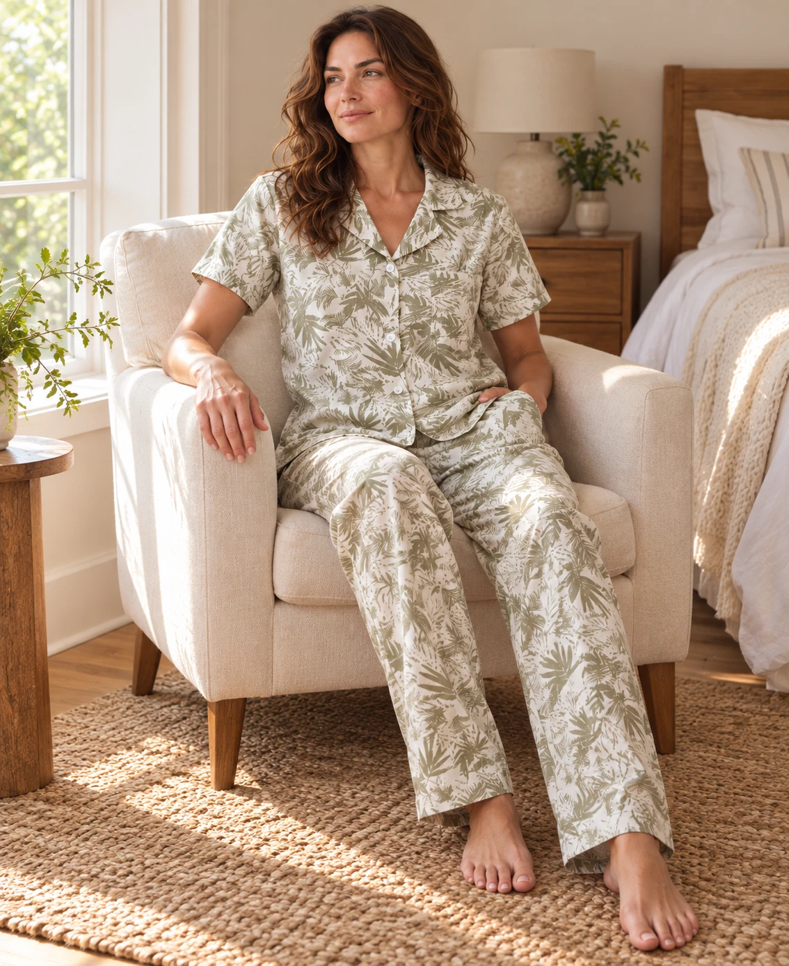 Pijama Pantalón en 100% Algodón con Estampado de Hojas Verde Oliva - Image 5