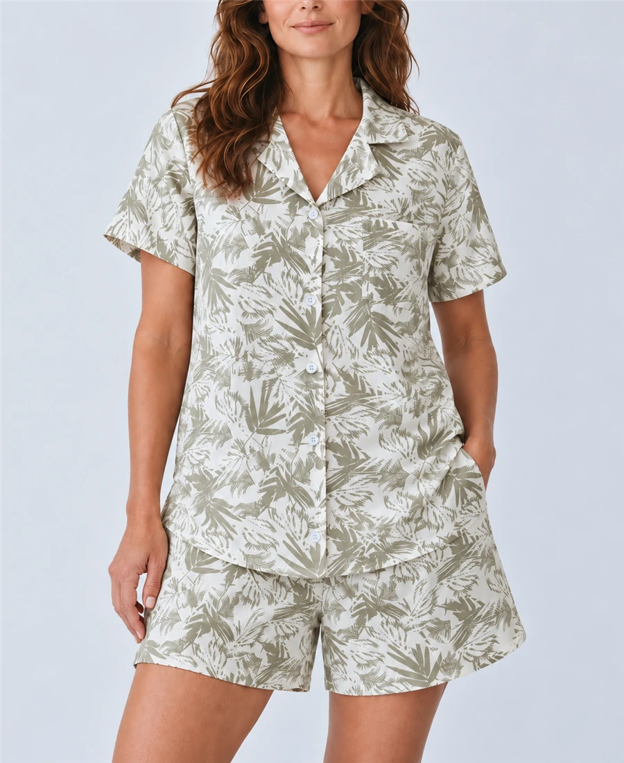 Pijama Corta en Algodón con Estampado de Hojas Verde Oliva - Image 3