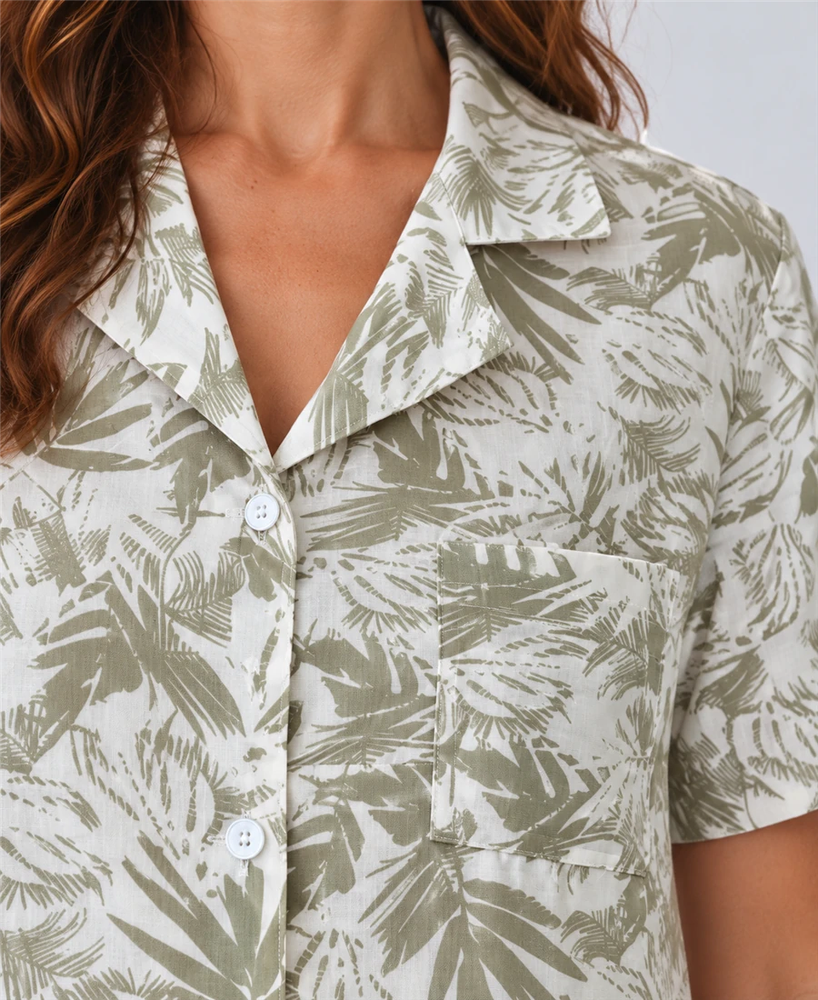 Pijama Corta en Algodón con Estampado de Hojas Verde Oliva - Image 6